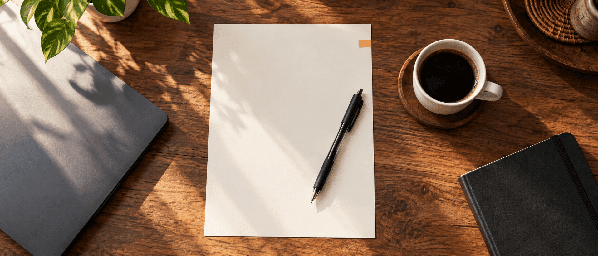 Overhead view of a wooden desk in soft morning light. A blank sheet of cream paper with a ballpoint pen rests on top; a cup of black kopi O sits on a wooden coaster beside it, with the corner of a dark laptop and a Moleskine notebook framing the edges.