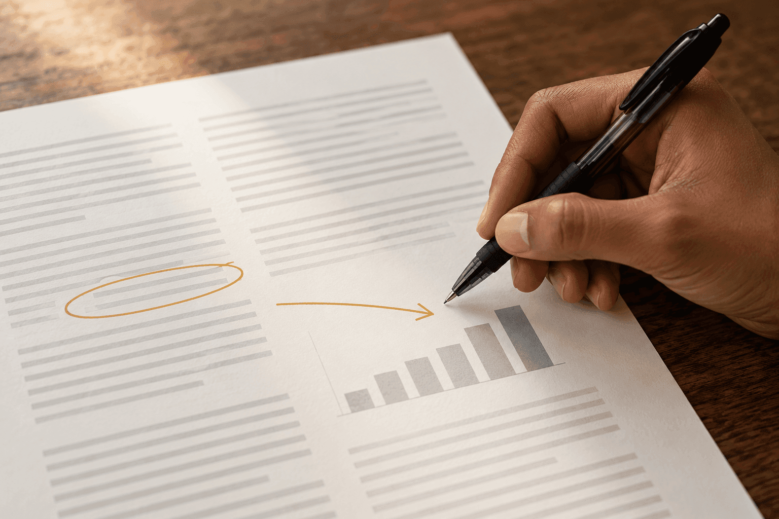 Close-up of a hand holding a pen over a printed report. A paragraph of text is circled in goldenrod orange, with a hand-drawn arrow pointing to a small bar chart on the same page.