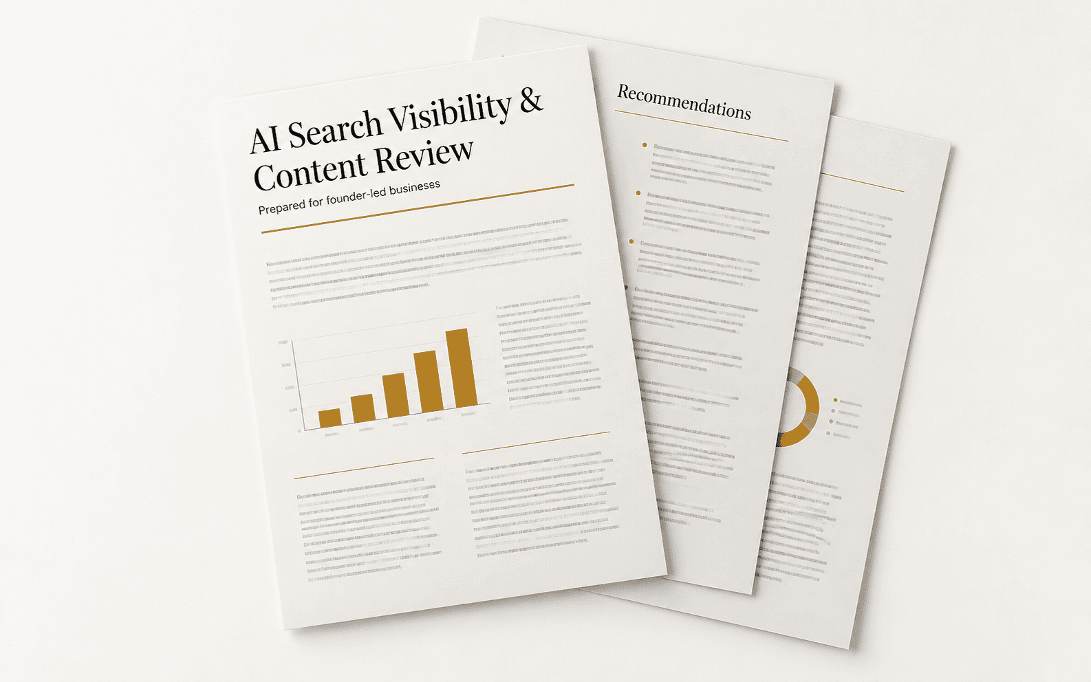 Sample pages from the AI Search Visibility & Content Review — cover page with a bar chart, a Recommendations page, and a third analysis page fanned on a warm cream surface.